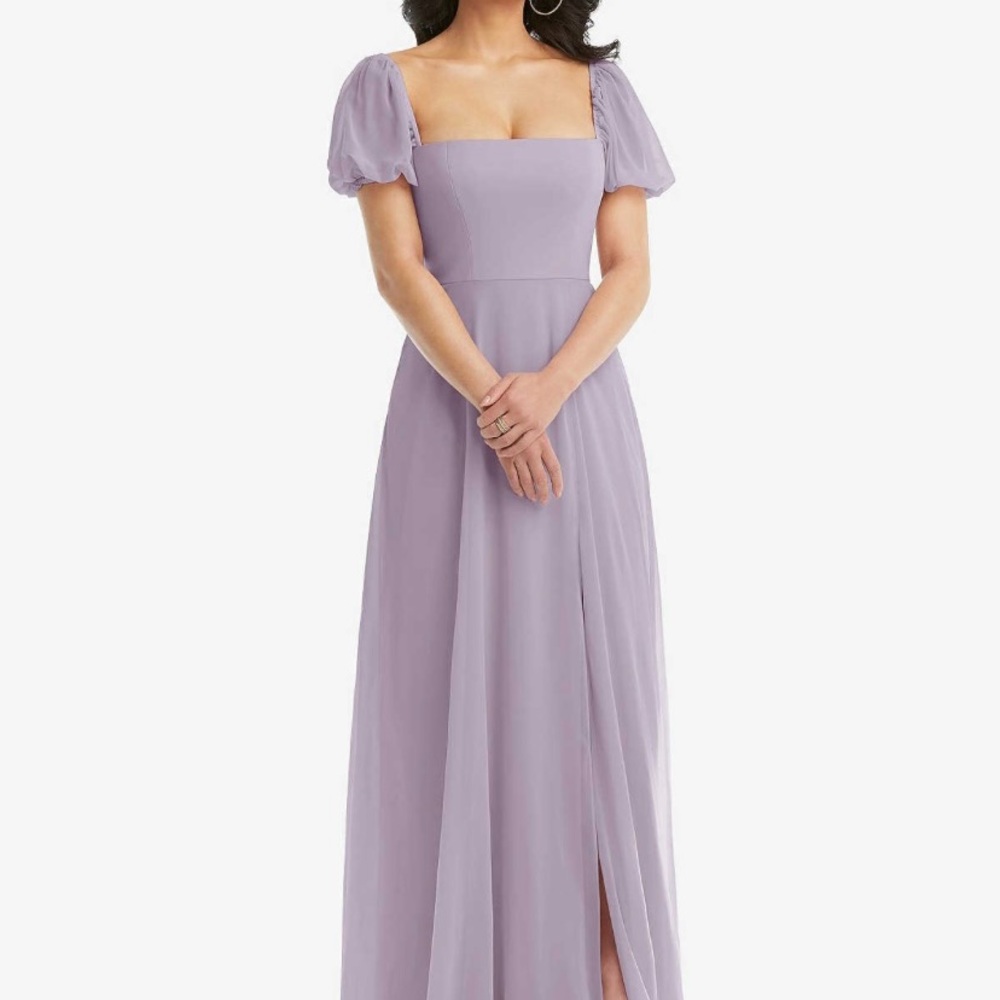 Dessy Collection Lilac Haze Chiffon Maxi Dress with Puff Sleeves and Slit